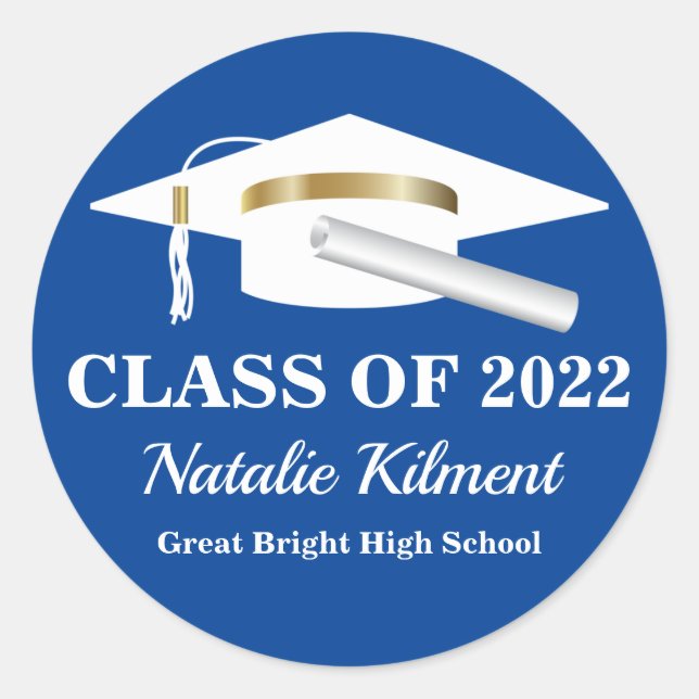 Graduation Cap Navy Blue and Gold Class of 2022 Classic Round Sticker (Front)