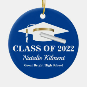 Graduation Cap Navy Blue Gold Class of 2022 Photo Ceramic Tree Decoration