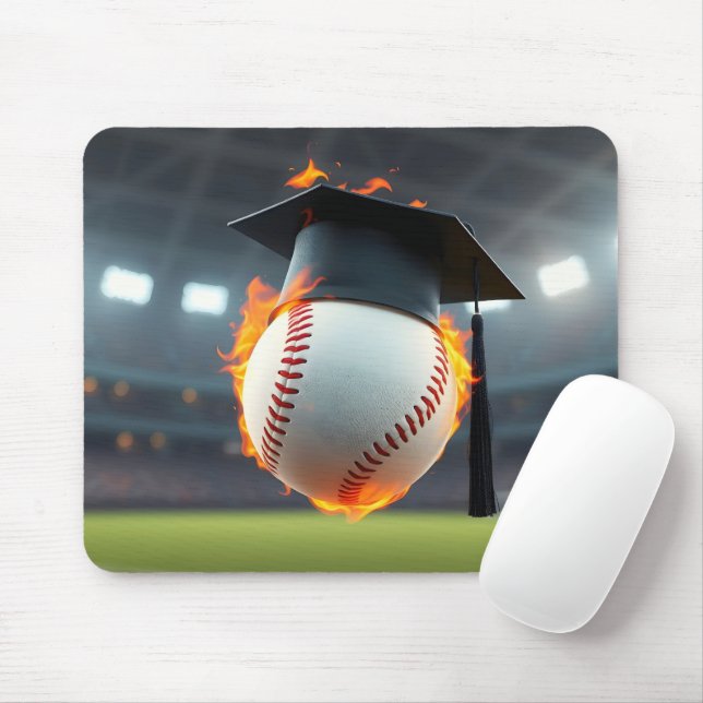 Graduation Cap On a Flaming Baseball Mouse Mat (With Mouse)
