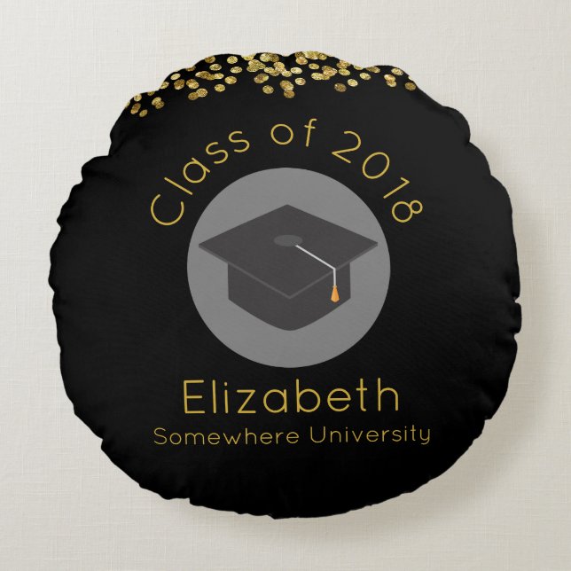 Graduation Cap on Black Class of 20xx Round Cushion (Front)