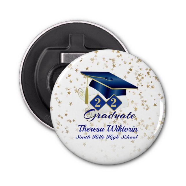 Graduation Cap Party Blue Gold Personalised Bottle Opener (Front)