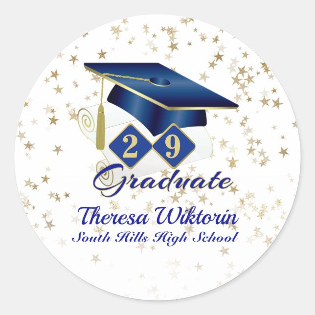 Graduation Cap Party Blue Gold Personalised Classi Classic Round Sticker (Front)