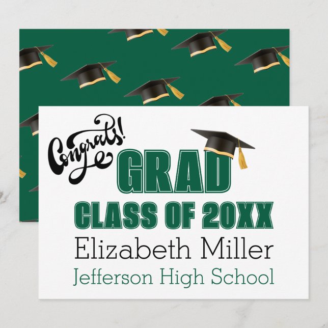 Graduation Cap Pattern Celebration Card in Green (Front/Back)