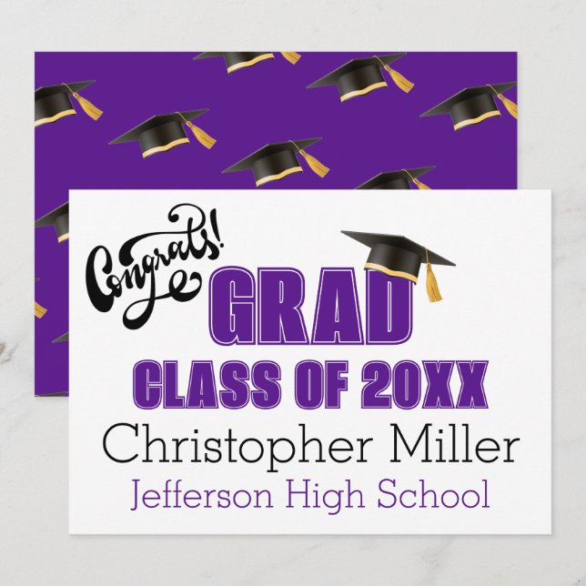Graduation Cap Pattern Celebration Card in Purple (Front/Back)