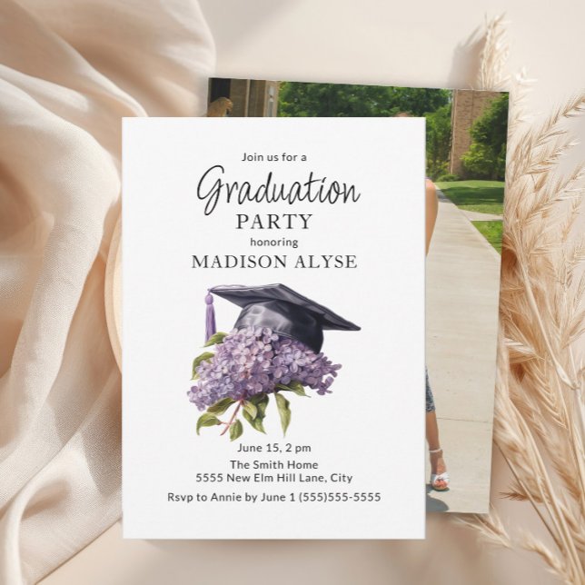 Graduation Cap Purple Floral Photo Graduation Invitation (Purple floral graduation cap photo party invitation)