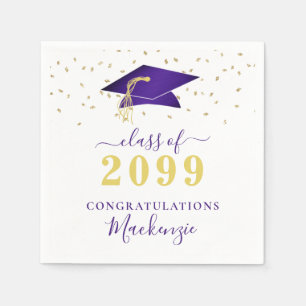 Graduation Cap Purple Gold Confetti Script Napkin