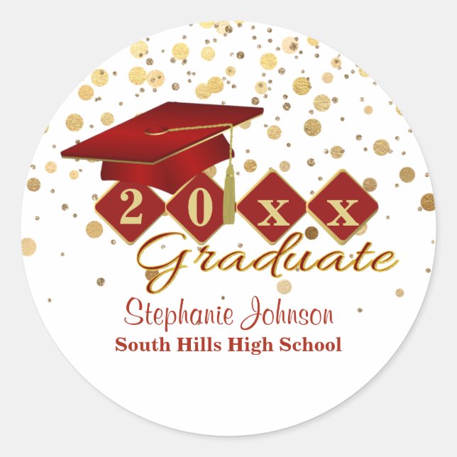 Graduation Cap Red Gold Confetti Personalised Classic Round Sticker (Front)