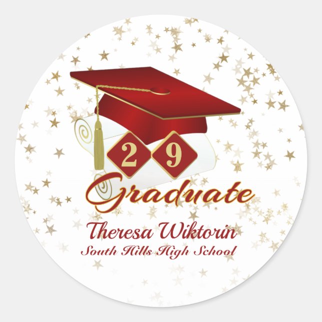 Graduation Cap Red Gold Stars Personalised Classic Round Sticker (Front)