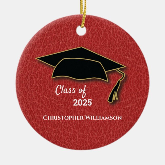 Graduation Cap Red Leather Look Ceramic Tree Decoration (Front)