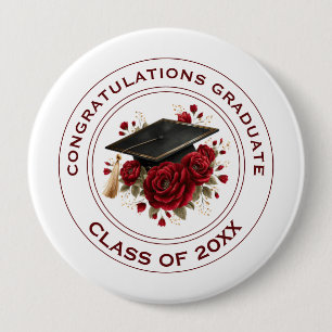 Graduation Cap & Red Roses Class of 20XX  10 Cm Round Badge