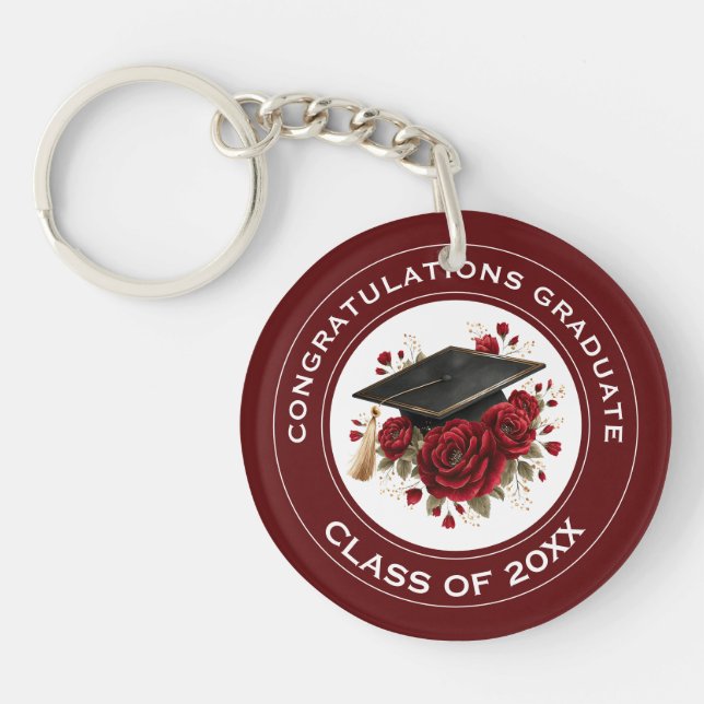 Graduation Cap & Red Roses Class of 20XX  Key Ring (Front)
