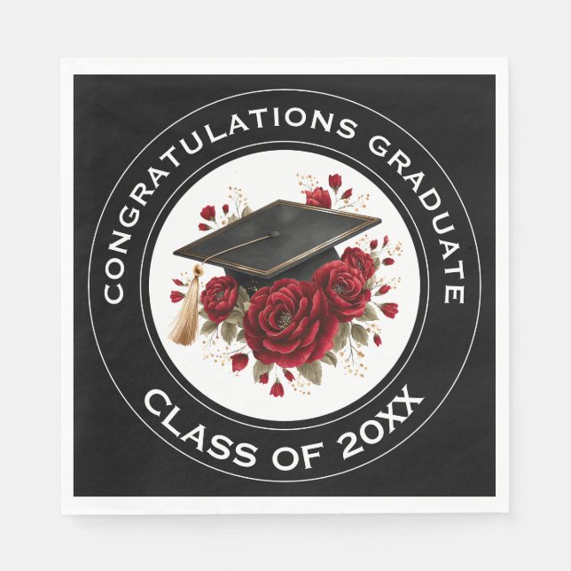 Graduation Cap & Red Roses Class of 20XX  Napkin (Front)