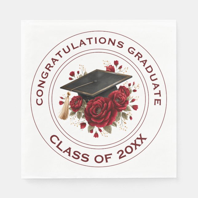 Graduation Cap & Red Roses Class of 20XX  Napkin (Front)
