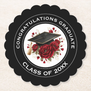 Graduation Cap & Red Roses Class of 20XX Paper Coaster
