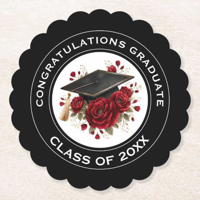 Graduation Cap & Red Roses Class of 20XX  Paper Coaster (Front)