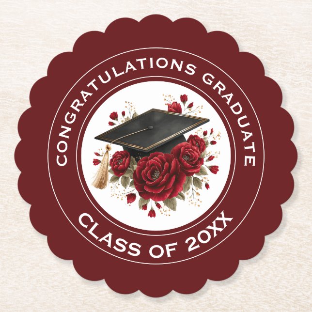 Graduation Cap & Red Roses Class of 20XX  Paper Coaster (Front)