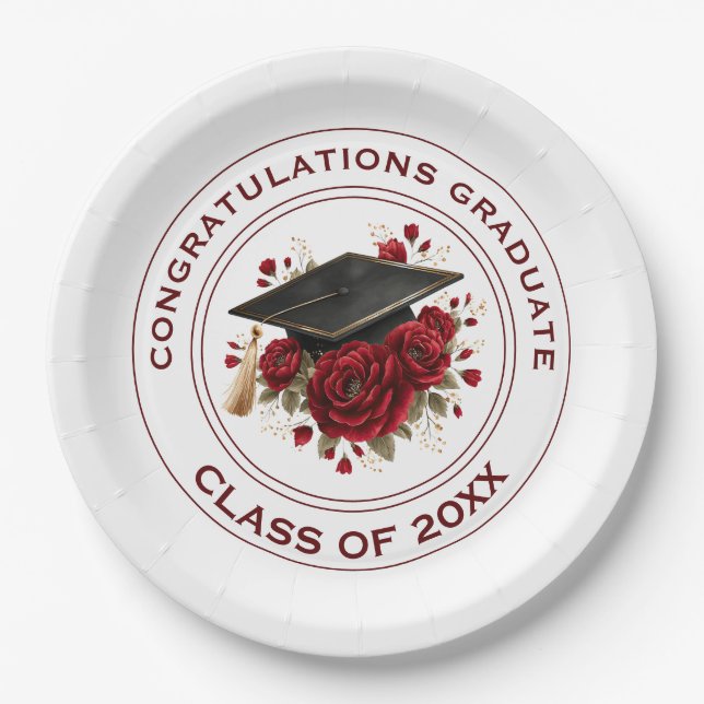Graduation Cap & Red Roses Class of 20XX  Paper Plate (Front)