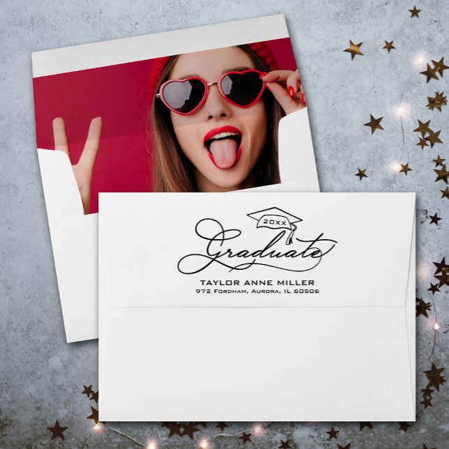 Graduation Cap Return Address Photo Inside Envelope (Your photo printed inside, graduation cap and your return address printed FREE on the back.)