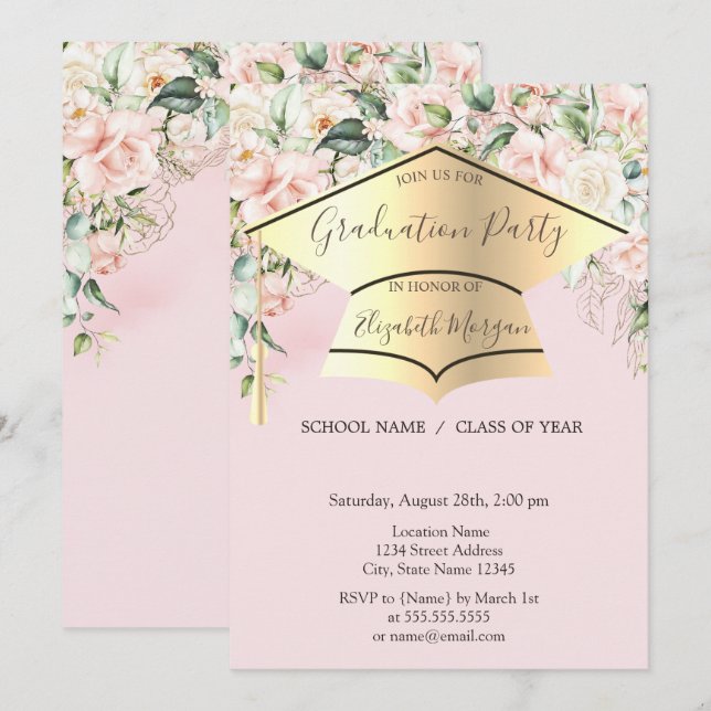 Graduation Cap,Roses Light Pink Graduation  Invitation (Front/Back)