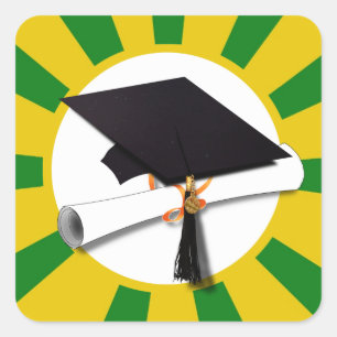 Graduation Cap - School Colours Gold and Green Square Sticker