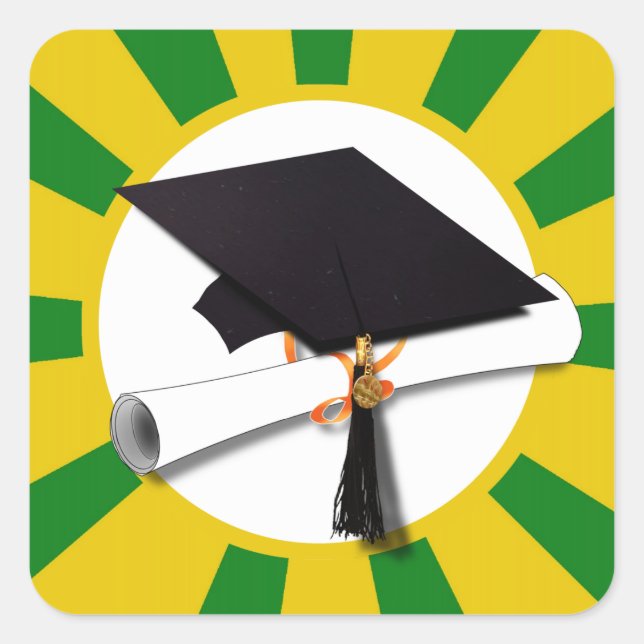 Graduation Cap - School Colours Gold and Green Square Sticker (Front)