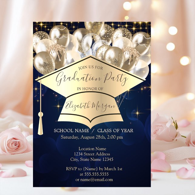 Graduation Cap,Stars Balloons,Blue Graduation  Invitation (Creator Uploaded)