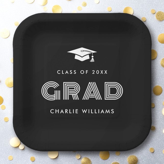Graduation cap Student Grad name class black Paper Plate (Graduation cap Student Grad name class black Paper Plates)