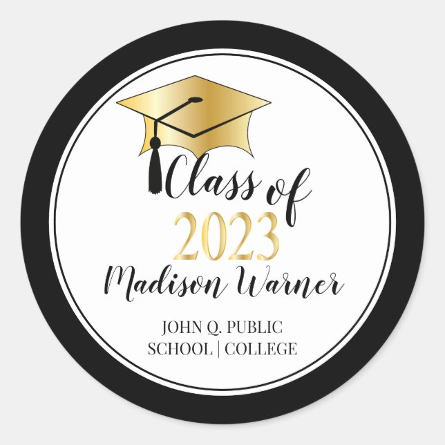 Graduation Cap -Tassel Black Gold Class of 2023 Classic Round Sticker (Front)