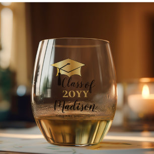 Graduation Cap - Tassel Black Gold Class of 2026 Stemless Wine Glass