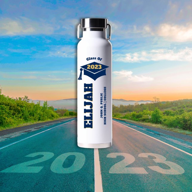 Graduation Cap - Tassel Blue Gold Class of 2023 Water Bottle (Creator Uploaded)