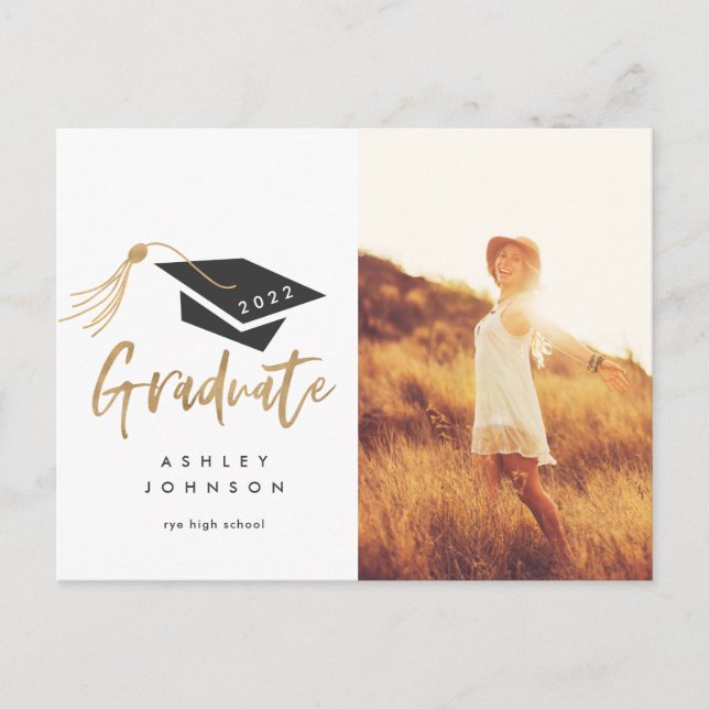 Graduation Cap Tassel Gold Foil Photo 2022 Announcement Postcard (Front)