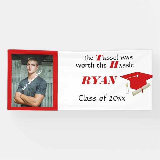 Graduation, Cap & Tassel, Red and White Banner (Horizontal)