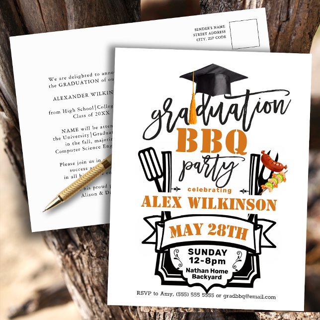 Graduation Cap Tassel Simple BBQ Party Invitation Postcard (Creator Uploaded)