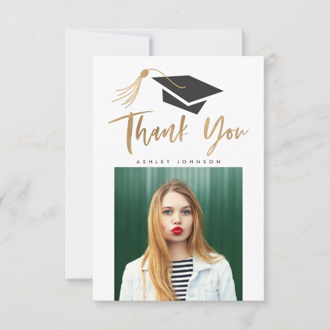 Graduation Cap Tassel Thank You Photo Gold Foil Card (Front)