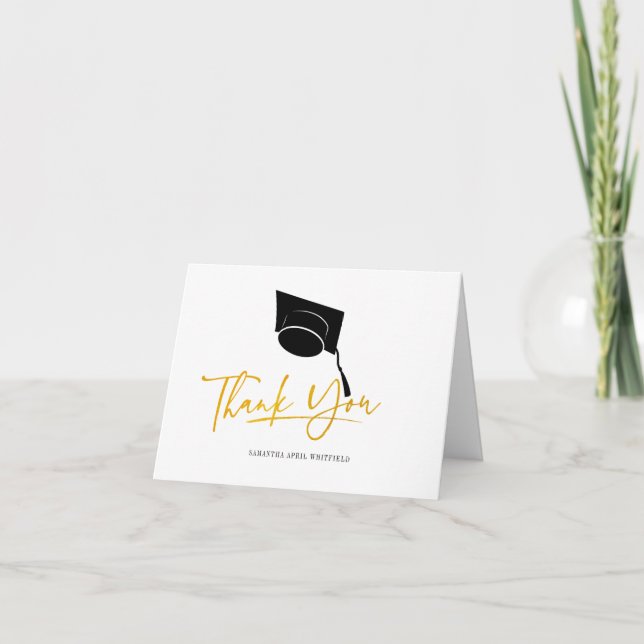 Graduation Cap Tassel Typography Faux Gold Thank You Card (Front)
