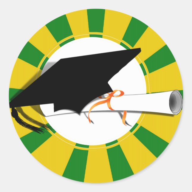 Graduation Cap Tilt w/Diploma - Gold &  Green Classic Round Sticker (Front)