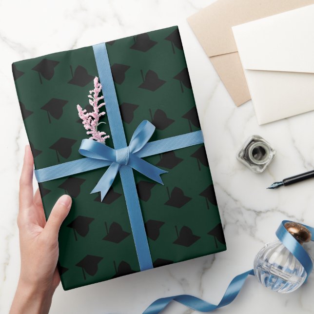 Graduation cap topper pattern dark green elegant wrapping paper (Gifting)