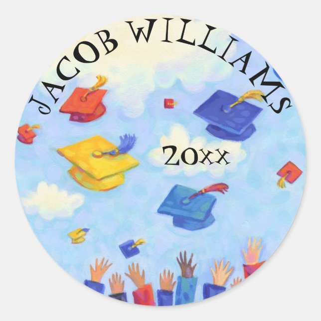 Graduation Cap Toss Add Name and Year Classic Round Sticker (Front)