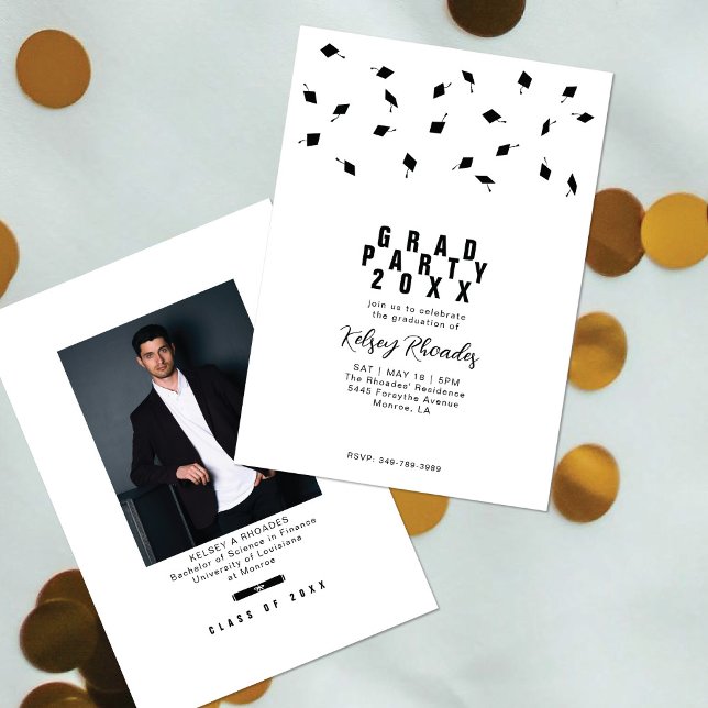 Graduation Cap Toss Black & White Grad Party Invitation (Creator Uploaded)