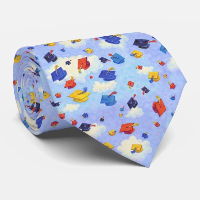 Graduation Cap Toss Blue Pattern Tie (Rolled)