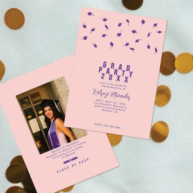 Graduation Cap Toss Blush Pink & Purple Grad Party Invitation (Creator Uploaded)