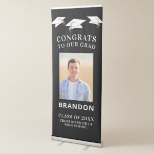 Graduation Cap Toss CONGRATS GRAD Photo Black Retractable Banner