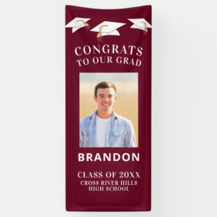Graduation Cap Toss CONGRATS GRAD Photo Maroon Banner