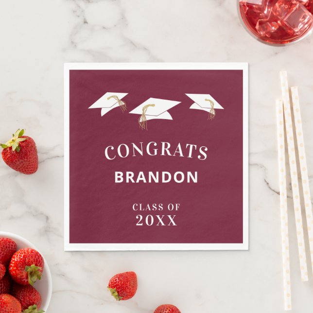 Graduation Cap Toss CONGRATS Name Maroon Napkin (Insitu)