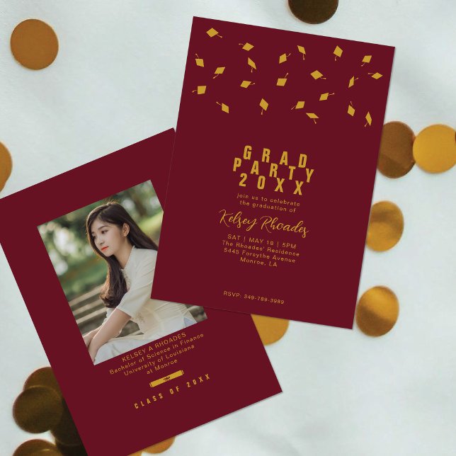Graduation Cap Toss Maroon & Gold Grad Party Invitation (Creator Uploaded)