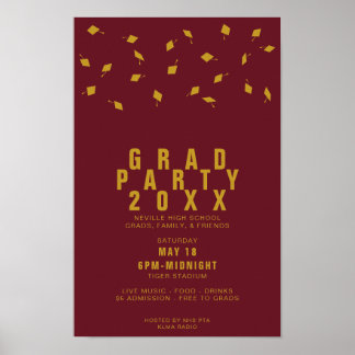 Graduation Cap Toss Maroon & Gold Grad Party Poster