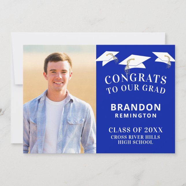 Graduation Cap Toss Photo Royle Blue and White Announcement (Front)