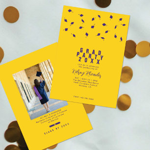 Graduation Cap Toss Purple & Gold Grad Party Invitation