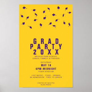 Graduation Cap Toss Purple & Gold Grad Party Poster