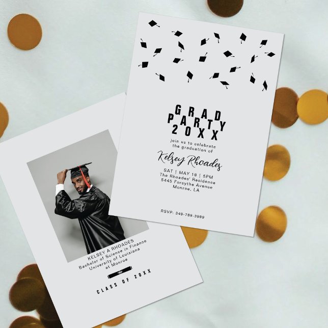 Graduation Cap Toss Silver & Black Grad Party Invitation (Creator Uploaded)